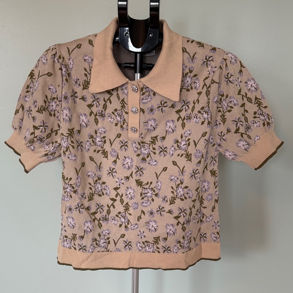 Mango Beige and Lavender Floral Button Down Shirt